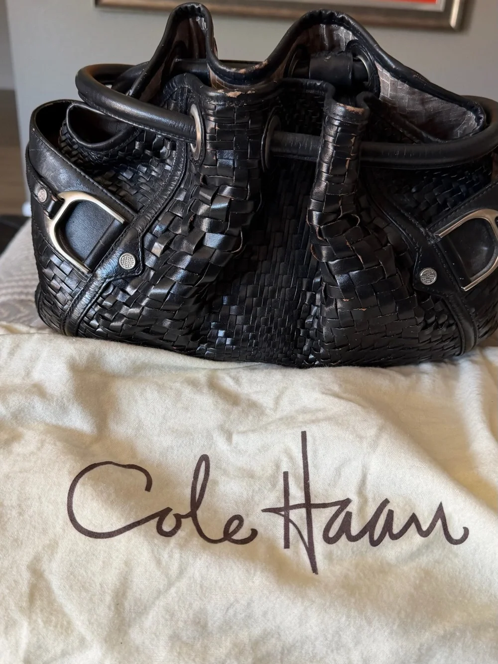 Cole Haan Black Woven Leather Hobo with Silver-Tone Accents